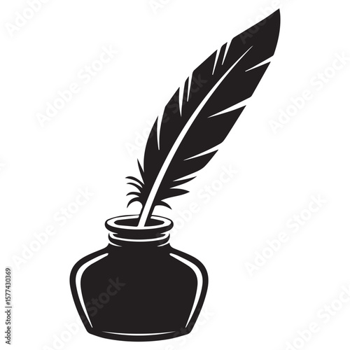 Black silhouette of a quill pen standing upright in a classic inkwell on a white background