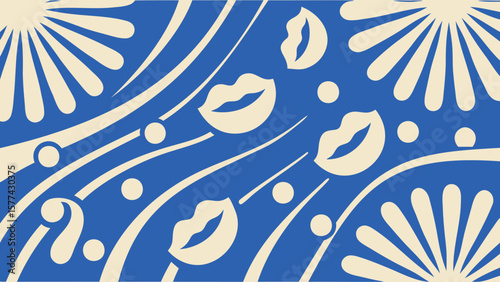 Stylized pattern with floral sunbursts lips and circles in blue and cream color scheme design element