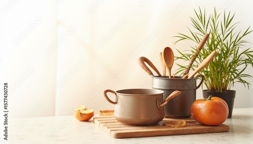 custom made wallpaper toronto digitalA serene kitchen still life featuring cooking utensils, produce and greenery with soft lighting