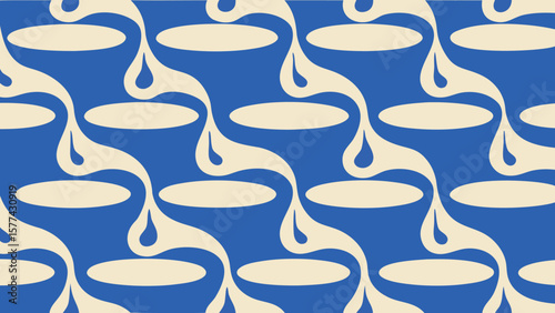 Repeating pattern of stylized water droplets and oval shapes on a blue background design