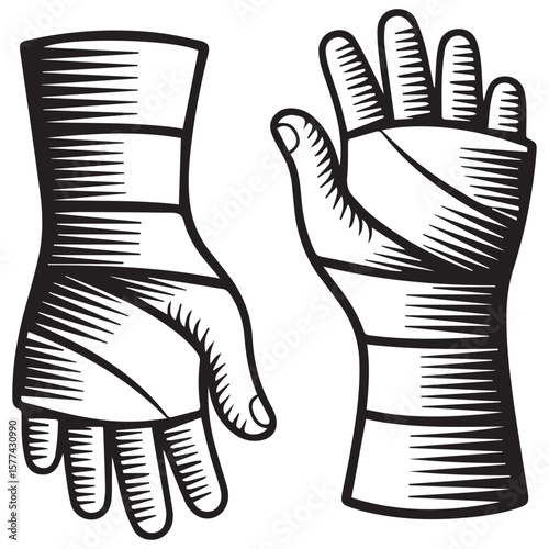 Stylized black and white illustration of two bandaged hands showing injury and recovery concepts