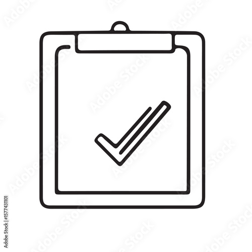 Isolated icon showcases a black checkmark on a white clipboard with transparent backdrop