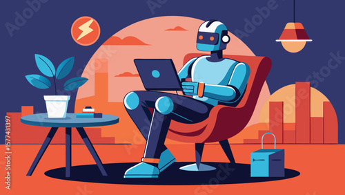 robot working on laptop, remote work illustration