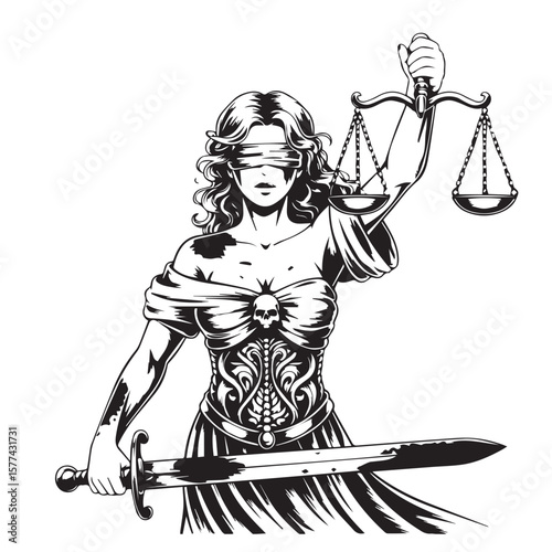 Blindfolded lady justice holding scales and sword with skull emblem on chest in black and white illustration