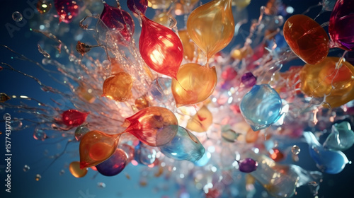 Colorful balloons and water droplets suspended in air against a blue gradient background scene view