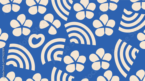 Floral and rainbow pattern in blue and cream with a heart shape scattered throughout the design