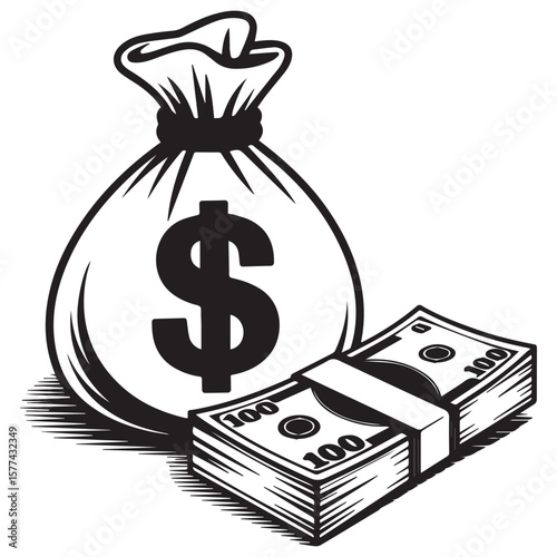 Stylized black and white illustration of a money bag with a dollar sign and a stack of hundred dollar bills