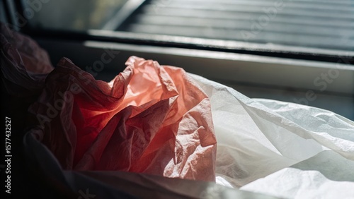 Wallpaper Mural Crumpled translucent plastic bags illuminated by sunlight near a window with blurred outdoor background. Torontodigital.ca