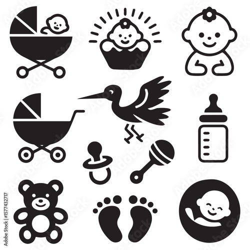 Collection of black and white icons representing baby items and symbols including a stroller baby teddy bear and footprints