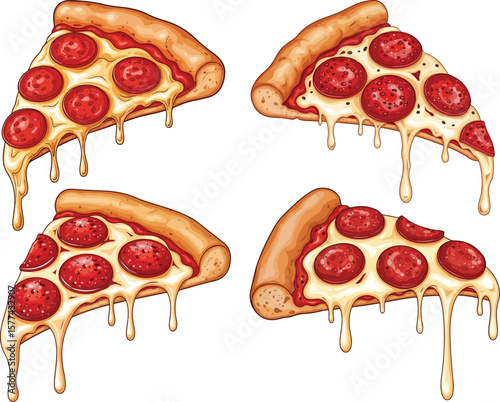 Cartoon Pepperoni Pizza Slice Dripping Cheese – Tasty Fast Food Vector Illustration