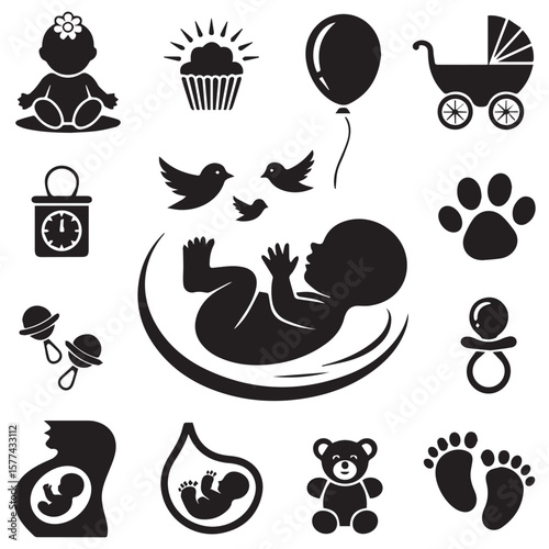 Collection of black silhouette icons representing pregnancy birth and baby care including a baby stroller a teddy bear and footprints