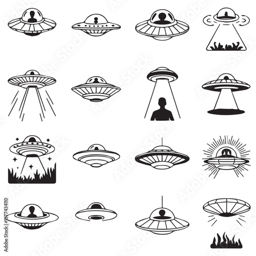 Collection of hand drawn black and white ufo flying saucer icons with aliens and beams of light