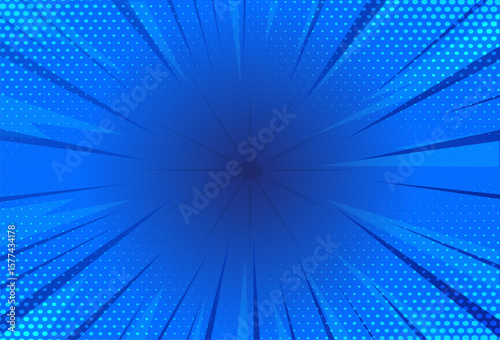 Dark Blue Comic Book Style Burst Background with Halftone Rays and Pop Art Effect