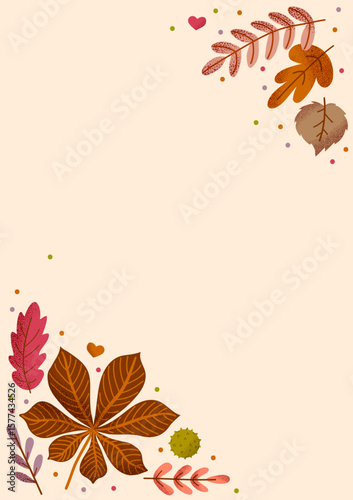 Autumn background with cartoon leaves and chestnuts on light beige. Hand-drawn seasonal frame design. For greeting cards, notebook page, invitations, and fall-themed projects