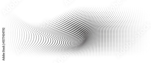 Flowing Wave Dot Halftone Pattern: Curve Gradient Shape on Transparent Background. Suitable for AI, Tech, Network, Digital, Science, and Technology Themes.