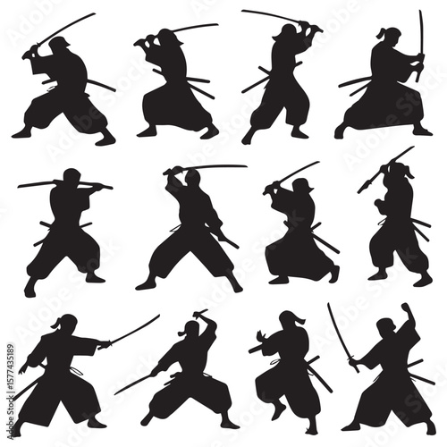 Collection of twelve black silhouette samurai warriors in various dynamic martial arts poses with swords on a white background