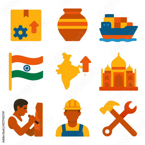Made in India showcases nine iconic symbols like the Taj Mahal and flag, epitomizing Indias rich heritage. Suitable for travel blogs and cultural websites.