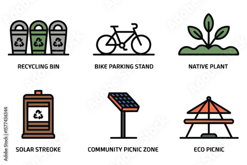 Sustainable City Icons: Recycling Bins, Bicycle, Plants, Solar Panel, Picnic Area, Urban Sustainability Graphics for Web Design and Presentations