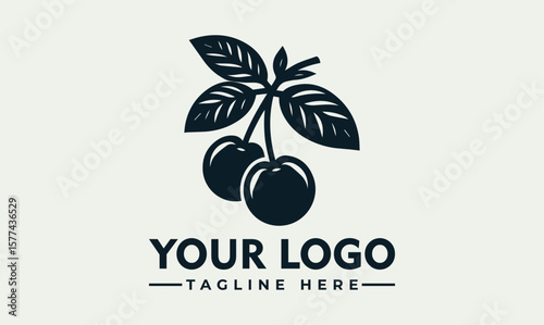 Elegant monochrome logo featuring two cherries on a stem with leaves, ideal for a food or drink brand.
