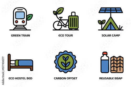 Eco-Friendly Travel Icons: Sustainable Transportation, Accommodation, and Activities