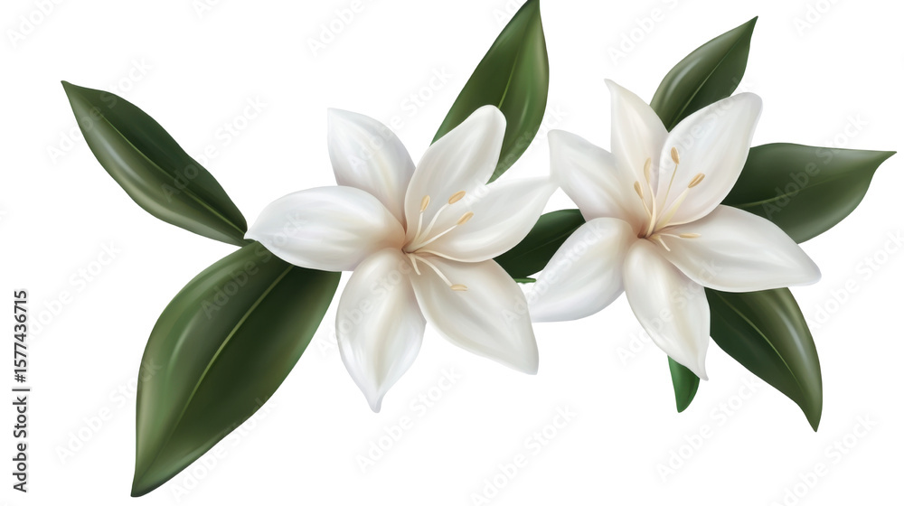 Fototapeta premium vanilla flower pods and leaves on white background