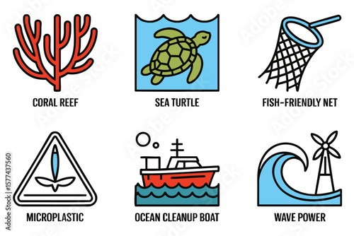 Ocean Conservation Icons: Marine Life, Pollution, and Environmental Protection Symbols