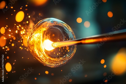 Glassblowing artistry: molten glass sphere with vibrant sparks