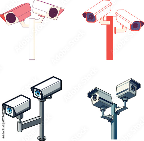 Dual CCTV Surveillance Cameras on Pole – 3D Vector Style. 