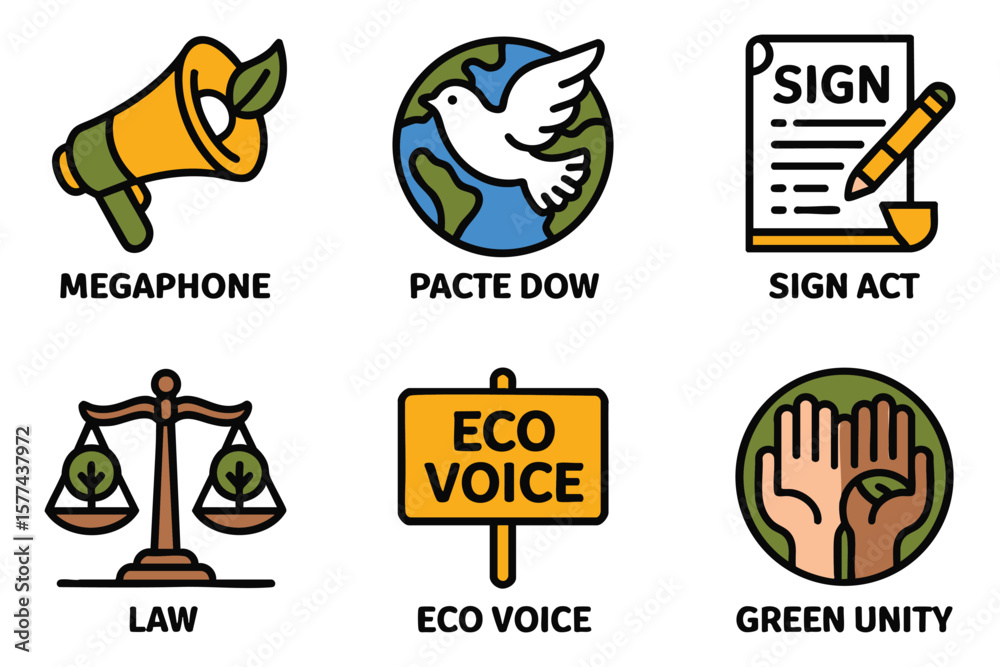 Obraz premium Eco-Friendly Icons: Advocacy, Peace, Global Pact, Law, Eco-Voice, Equality