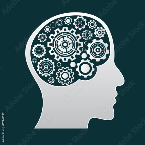 Human head shape with white gears. Concept of systematic thinking process, smart innovation for graphic design, creative idea. Vector illustration