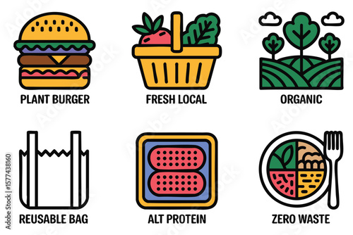 Pixel Art Food Icons: Burger, Farm Basket, Field, Bag, Meat, and Healthy Meal