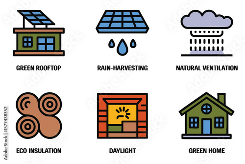 Sustainable Energy Icons: Solar Power, Rainwater Harvesting, Fireplace, Wood, Eco House