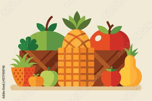 Fresh, healthy fruit and vegetable basket with sweet berries and ripe citrus