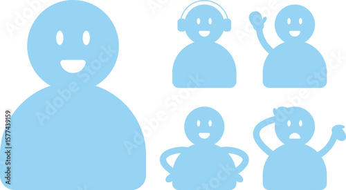 Flat vector icon set of blue human characters in various poses and expressions for UI, infographic, and communication design