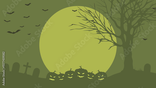 Silhouette of a spooky halloween scene with pumpkins, bats, graveyard and a large moon in the background