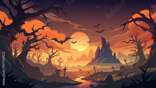 A spooky halloween landscape with bats flying over graves and trees at sunset in orange and purple hues