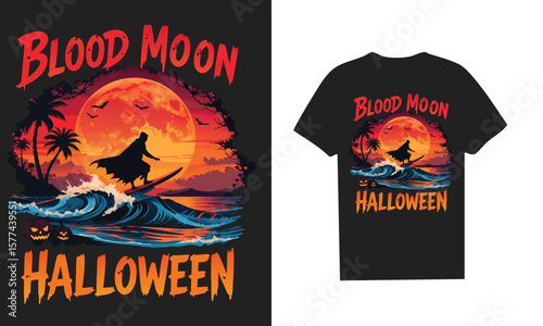 Blood Moon Halloween Surfing T-shirt Design - Vintage Surf, Pumpkin, and Spooky Halloween Vibes