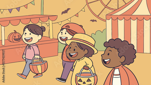 Cartoon illustration of children trick or treating at a fall festival with bats and a ferris wheel