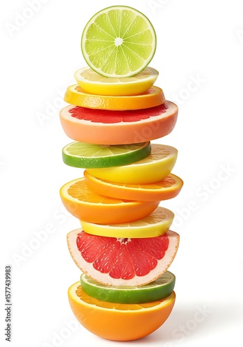 stacked citrus fruit slices (lime, orange, lemon, grapefruit) in editorial layout, soft shadows on white textured background, modern aesthetic, high-end magazine food styling