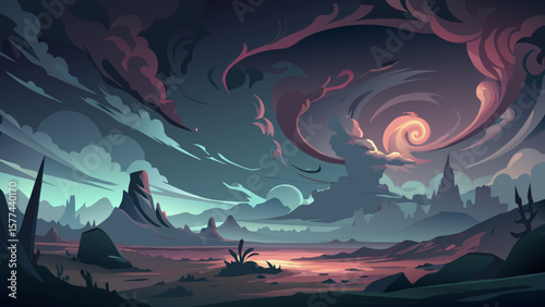 Illustration of a surreal landscape with swirling clouds and distant mountain peaks at twilight hour