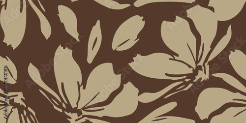 Hand drawn flowers on brown backgrounds, seamless patterns with floral for fabric, textiles, clothing, wrapping paper, cover, banner, interior decor.