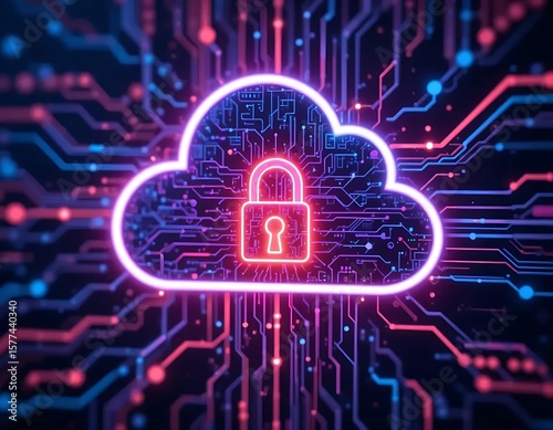 image of secure cloud storage icon with digital data lines and glowing lock symbol, deep space style dark background
