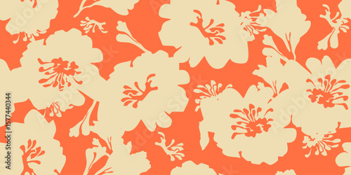 Hand drawn flowers on orange backgrounds, seamless patterns with floral for fabric, textiles, clothing, wrapping paper, cover, banner, interior decor.