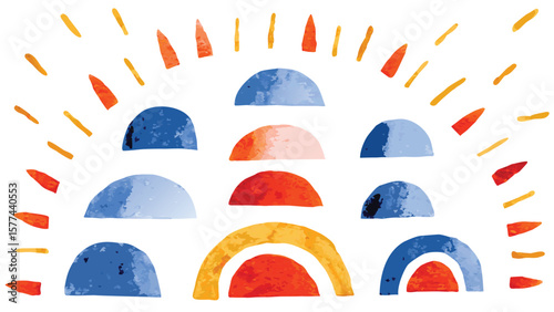 Abstract watercolor rainbow with sun rays and semi circles in blue orange and yellow hues design