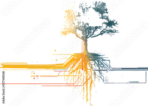 Flat vector tree diagram with roots and branches of data on transparent background