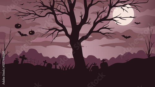 Silhouette of a spooky tree in a graveyard with bats and pumpkins under a full moon at halloween night