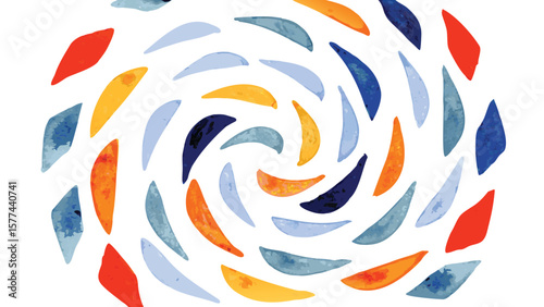 Watercolor swirl pattern featuring orange blue and yellow teardrop shapes on a white background design