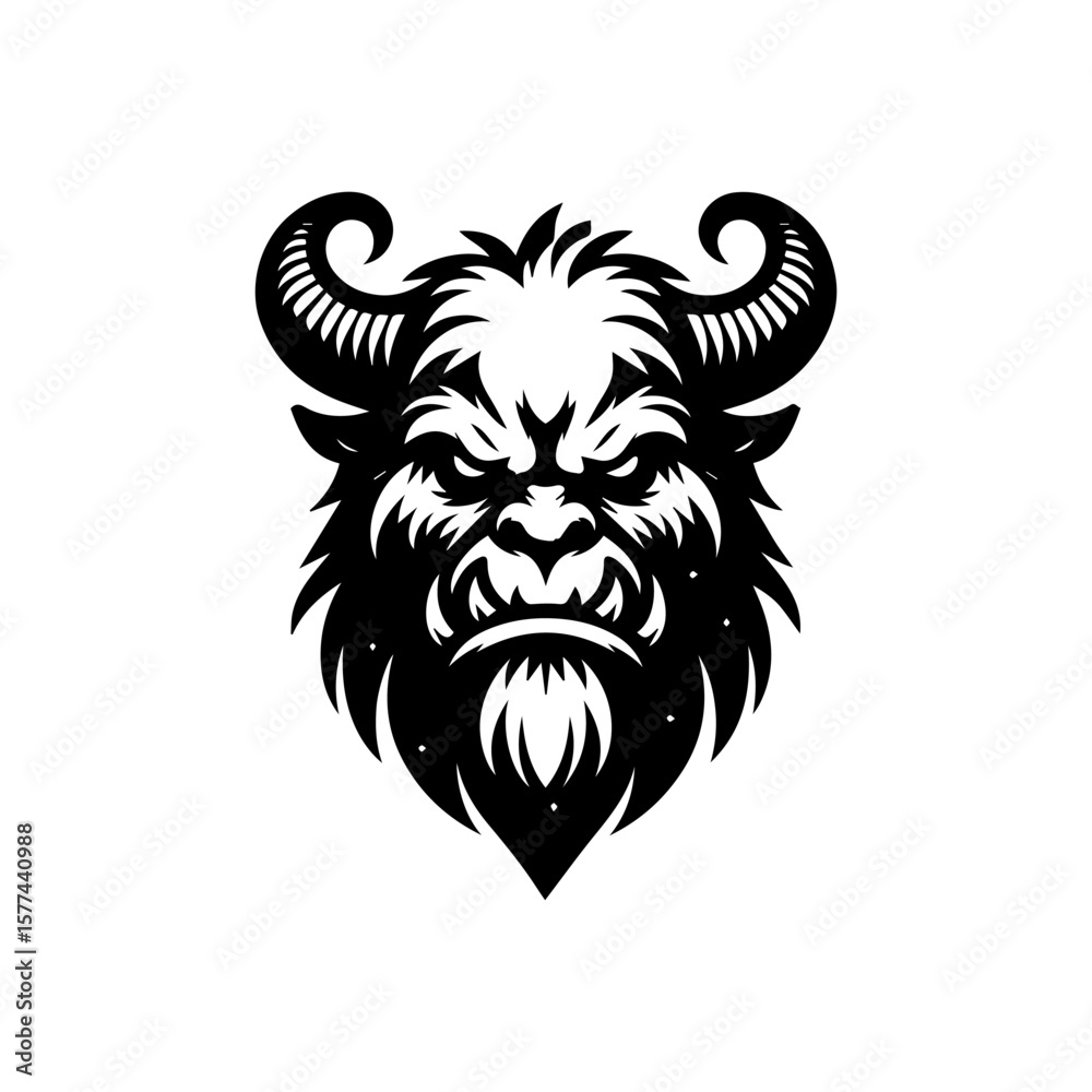 Fototapeta premium Intimidating Beast Face with Horns Sharp Teeth and Fierce Expression.