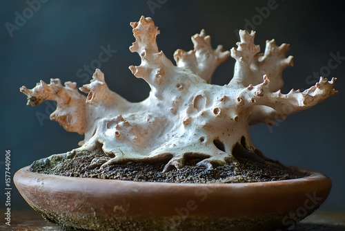 Unique Bonsai Tree with Sculptural Trunk in Clay Pot – Close-Up Photo, Natural Art Form, Exotic Texture, Indoor Plant Decor