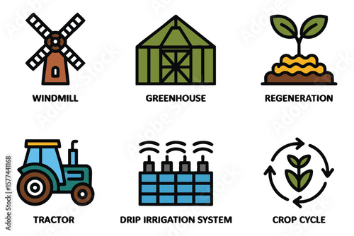 Sustainable Farming Icons: Agriculture, Renewable Energy, and Growth